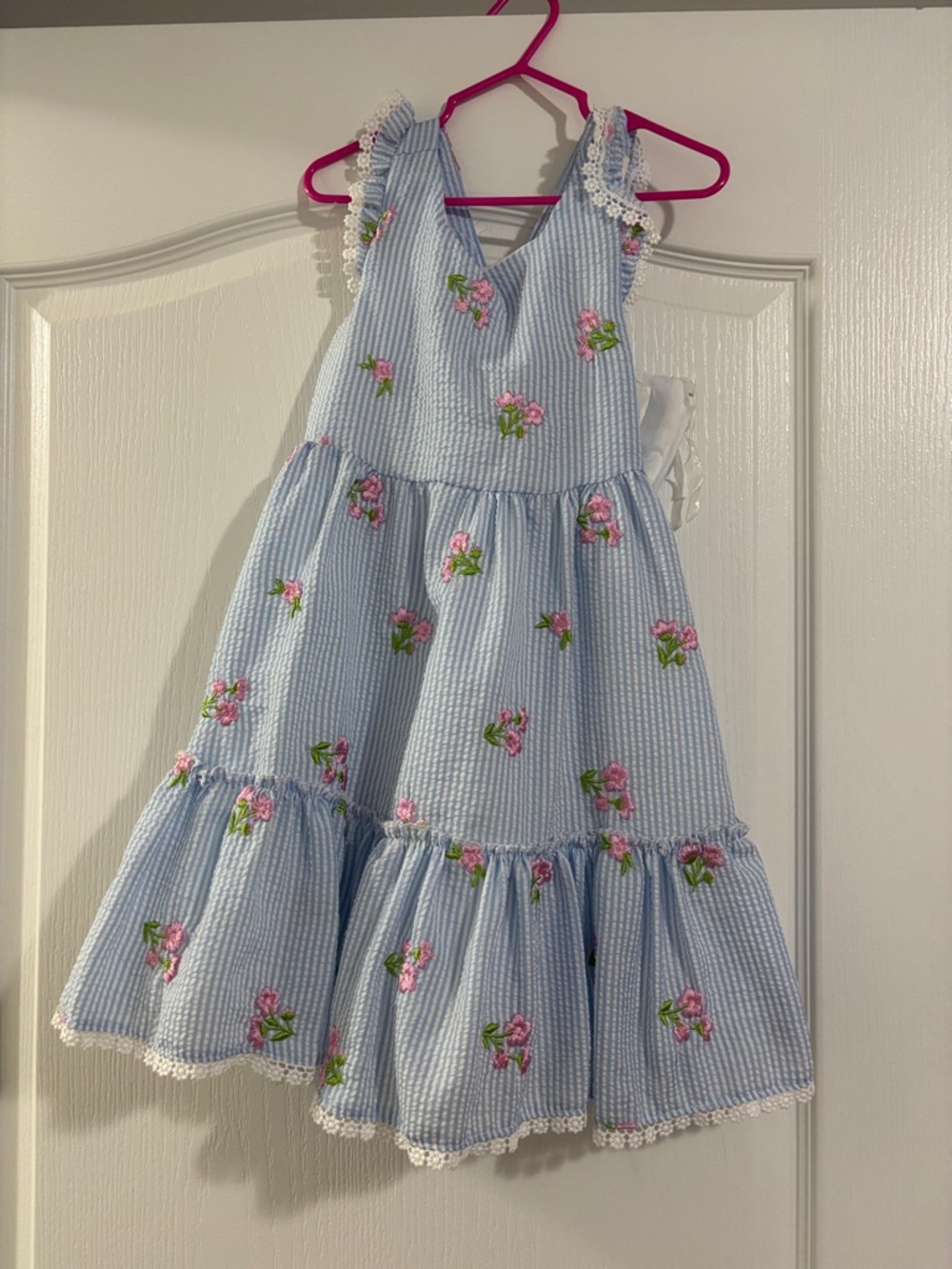 Rare Editions Blue Seersucker Dress with Pink Floral Embroidery
